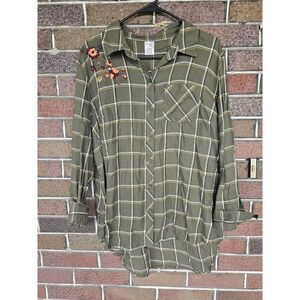 NEW Terra & Sky Olive Green Flannel Shirt Embroidery Flower Plaid Plus Sz 0x 14w